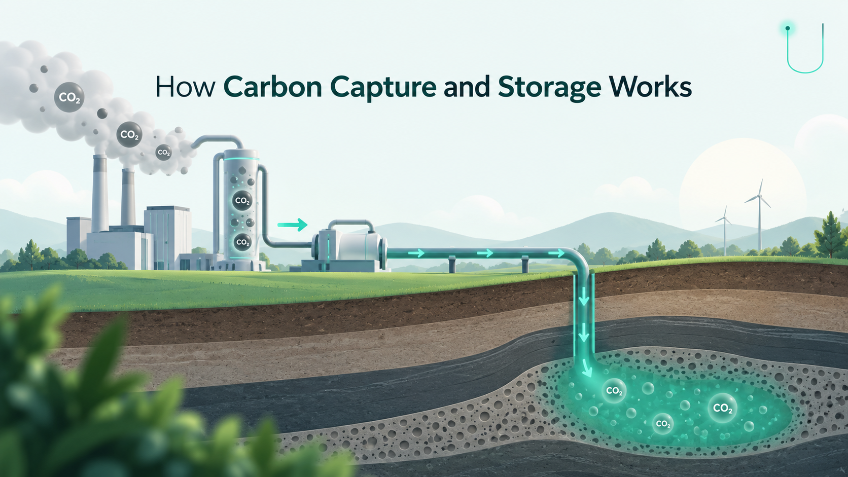 3D educational animation explaining how carbon capture and storage (CCS) works, from capturing carbon dioxide emissions to transporting and storing CO₂ deep underground to reduce industrial emissions
